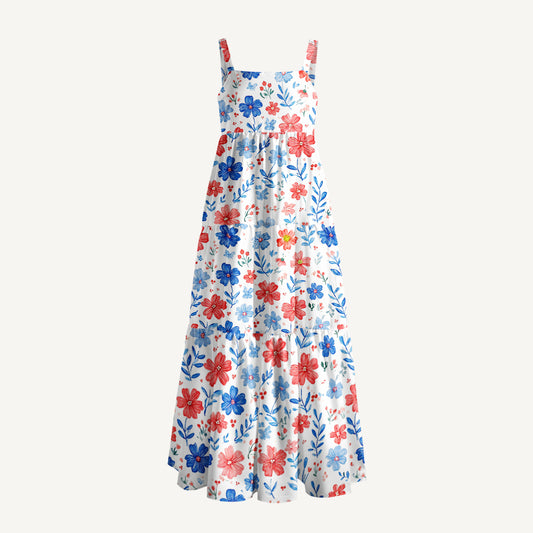 Patriotic 4th of July Flowers Print Wide Straps Maxi Dress With Pockets