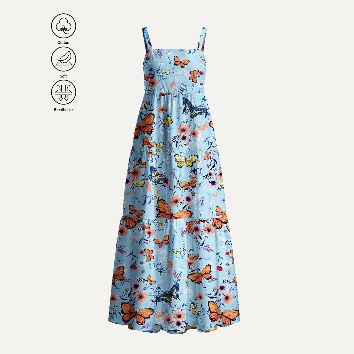 Butterfly Blossom Print Cotton Wide Straps Maxi Dress With Pockets