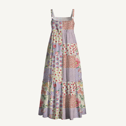 Country Patchwork Floral Printed Wide Straps Maxi Dress With Pockets