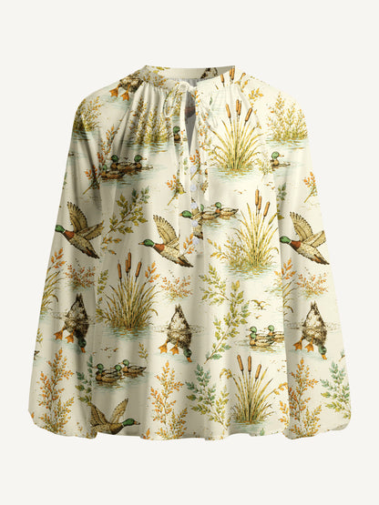 Duck Hunting Marsh Print Boho Long Sleeve Tie‑Neck Blouse