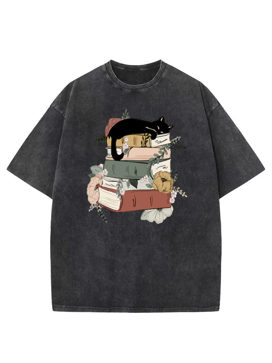 Vintage Cat Book Washed T-Shirt