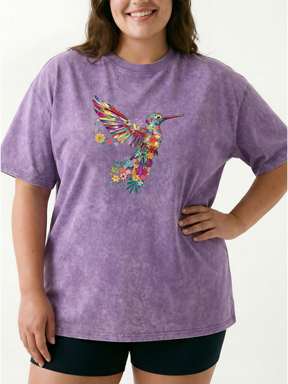 Vintage Floral Hummingbird Washed T-Shirt