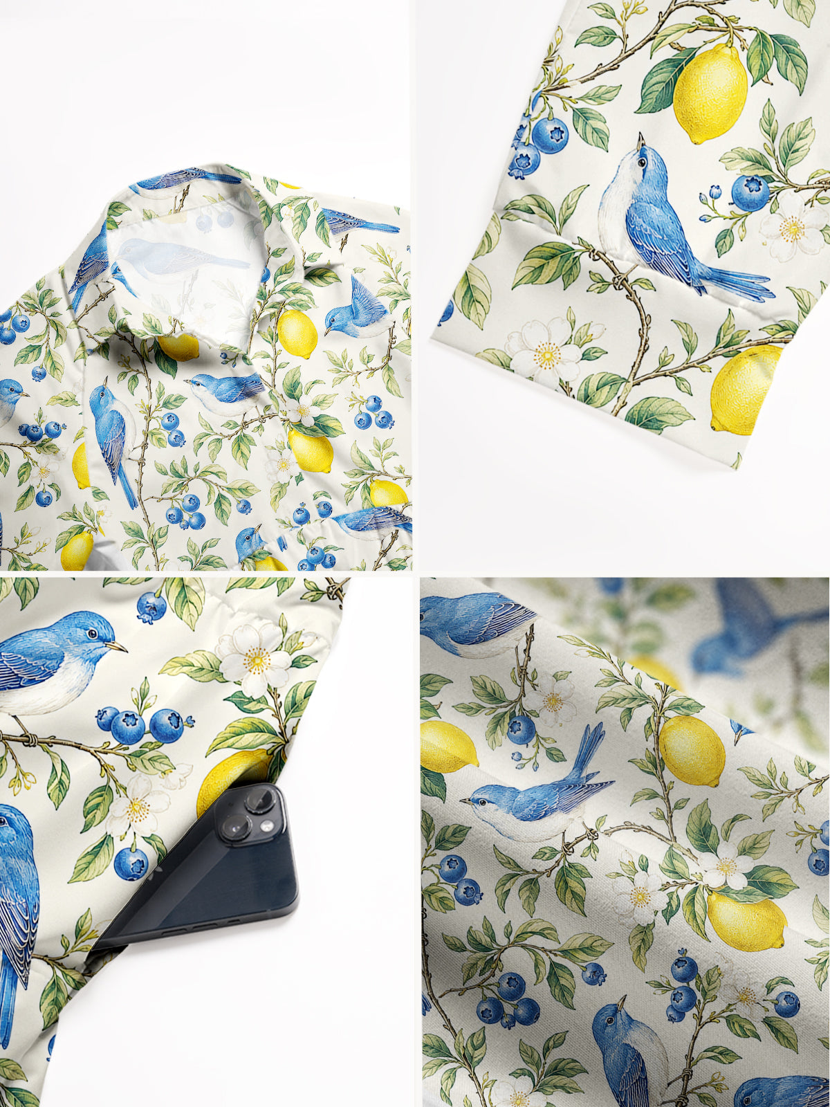 V Neck Collared Bluebird Lemon Garden Print Casual Midi Dress With Pockets