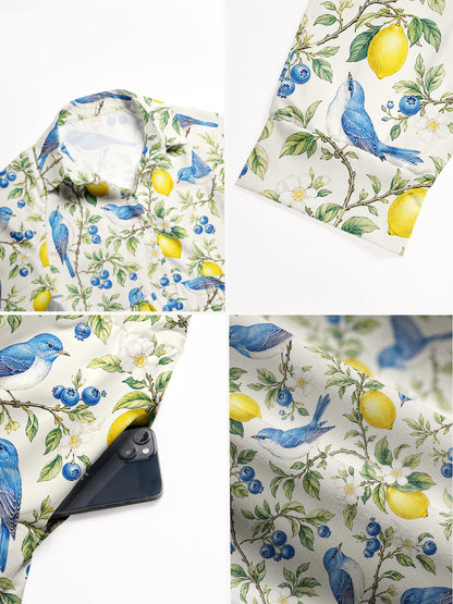 V Neck Collared Bluebird Lemon Garden Print Casual Midi Dress With Pockets