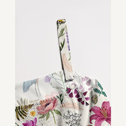 Whimsical Woodland Birds Wildflowers Print Wide Straps Maxi Dress With Pockets