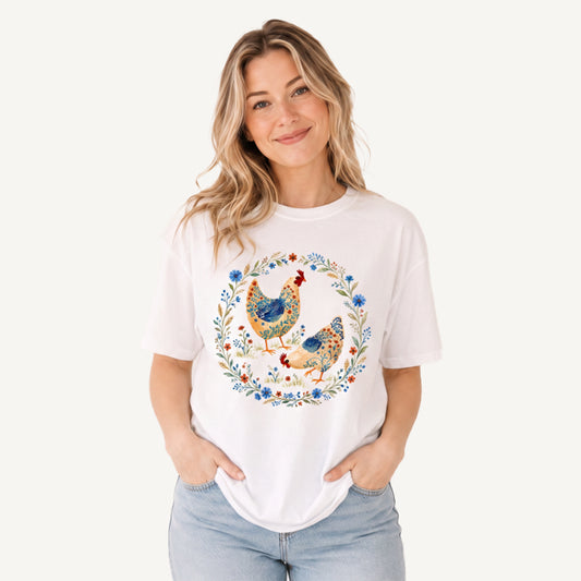 Blue Floral Hens Garden Print Crew Neck Cotton Tee