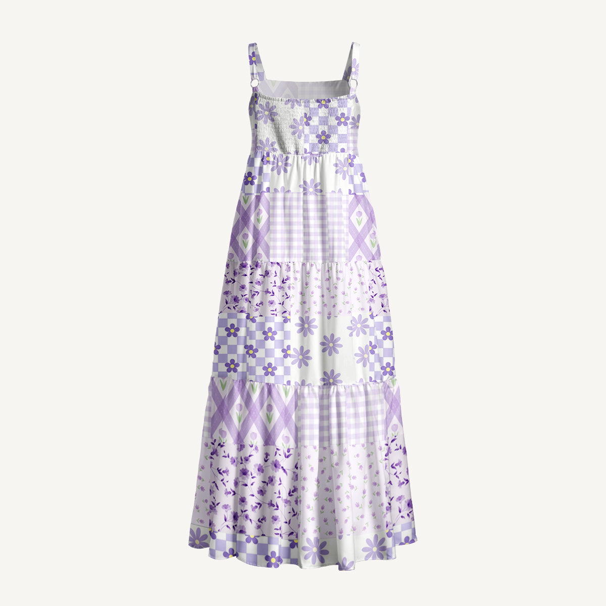 Lavender Daisy & Gingham Print Quilt Wide Straps Maxi Dress With Pockets