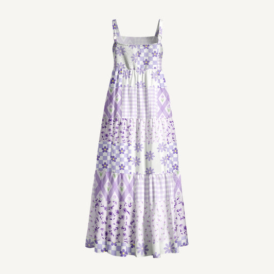 Lavender Daisy & Gingham Print Quilt Wide Straps Maxi Dress With Pockets