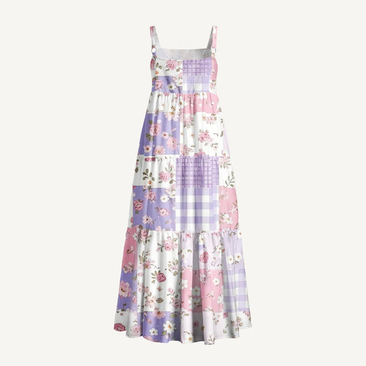 Sweet Cottage Patchwork Print Wide Straps Maxi Dress With Pockets