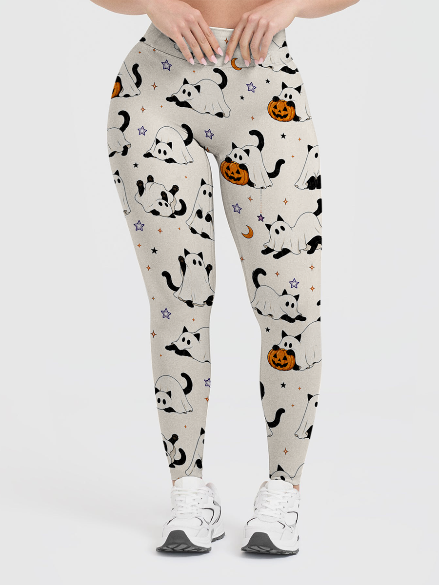 Vintage Ghost Black Cat Pumpkin Halloween Leggings