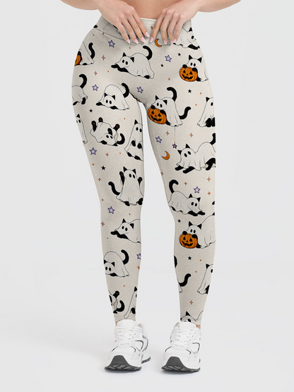 Vintage Ghost Black Cat Pumpkin Halloween Leggings