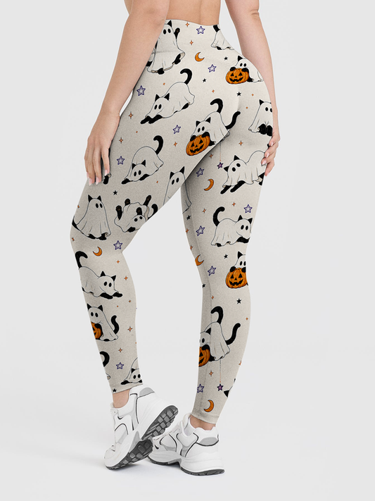 Vintage Ghost Black Cat Pumpkin Halloween Leggings