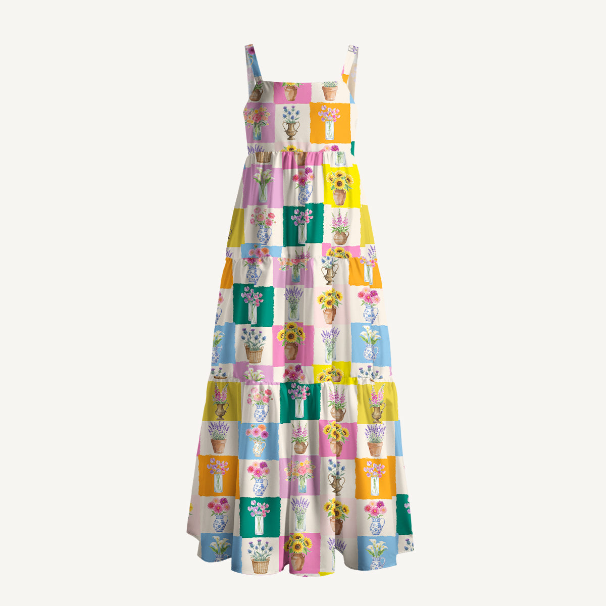 Color Block Flower Gallery Print Quilt Wide Straps Maxi Dress With Pockets