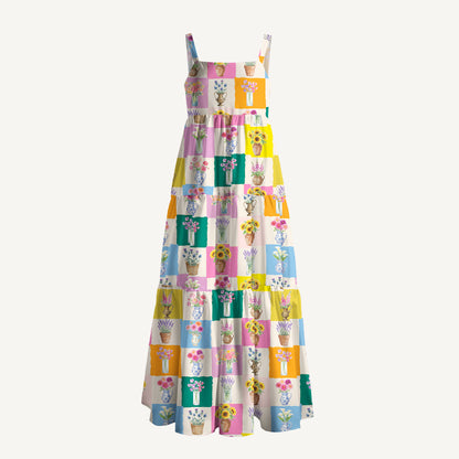 Color Block Flower Gallery Print Quilt Wide Straps Maxi Dress With Pockets
