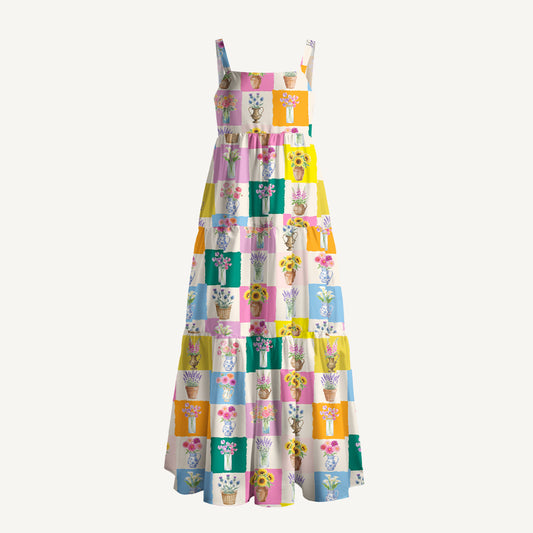 Color Block Flower Gallery Print Quilt Wide Straps Maxi Dress With Pockets