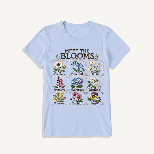 Meet the Blooms Embroidery Chart Print Crew Neck Cotton Tee