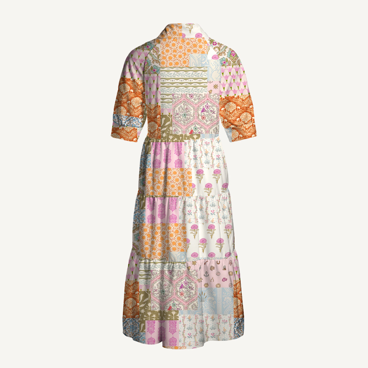 V Neck Collared Timeless Floral Patchwork Print Quilt Print Casual Midi Dress With Pockets
