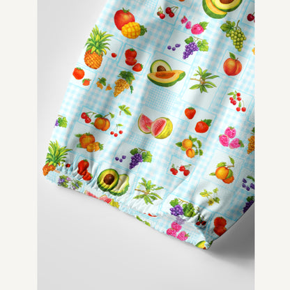 Tropical Fruit Party Print Boho Long Sleeve Tie‑Neck Smock Mini Dress