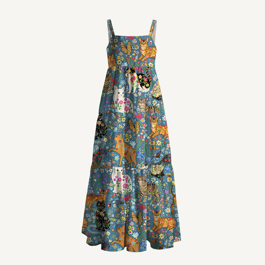 Colorful Garden Cat Pattern Wide Straps Maxi Dress With Pockets