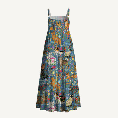 Colorful Garden Cat Pattern Wide Straps Maxi Dress With Pockets