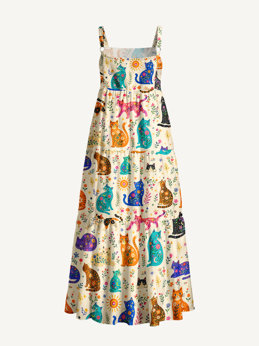 Painted Cat Garden Print Wide Straps Maxi Dress With Pockets