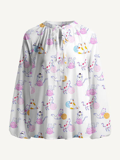 Color Yarn Garden Cat Print Boho Long Sleeve Tie‑Neck Blouse