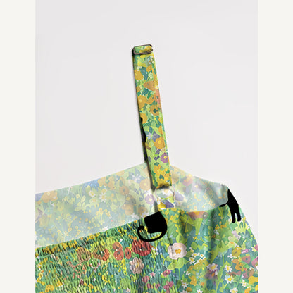 Square Neck Wildflower Garden Black Cat Print Wide Straps Maxi Dress With Pockets