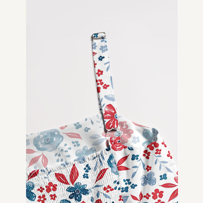 Patriotic Floral American Flag Print Wide Straps Maxi Dress With Pockets