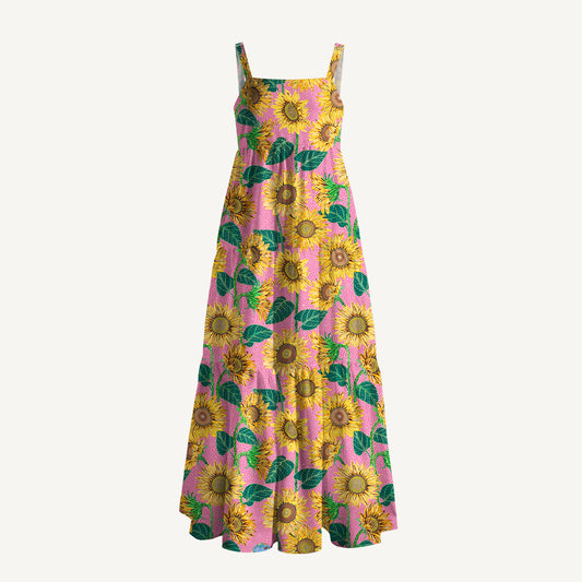 Vibrant Sunflower Floral Print Wide Straps Maxi Dress With Pockets