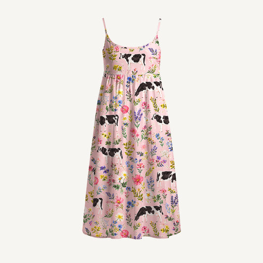 Holstein Cattle Cow Farm Animal Floral Pink Print Spaghetti Strap Mini Dress