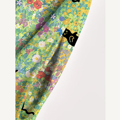 Square Neck Wildflower Garden Black Cat Print Wide Straps Maxi Dress With Pockets