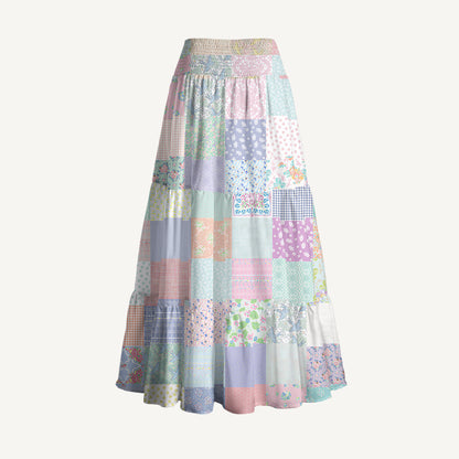 Vintage Quilt Patchwork Print Convertible Maxi Skirt & Strapless Dress