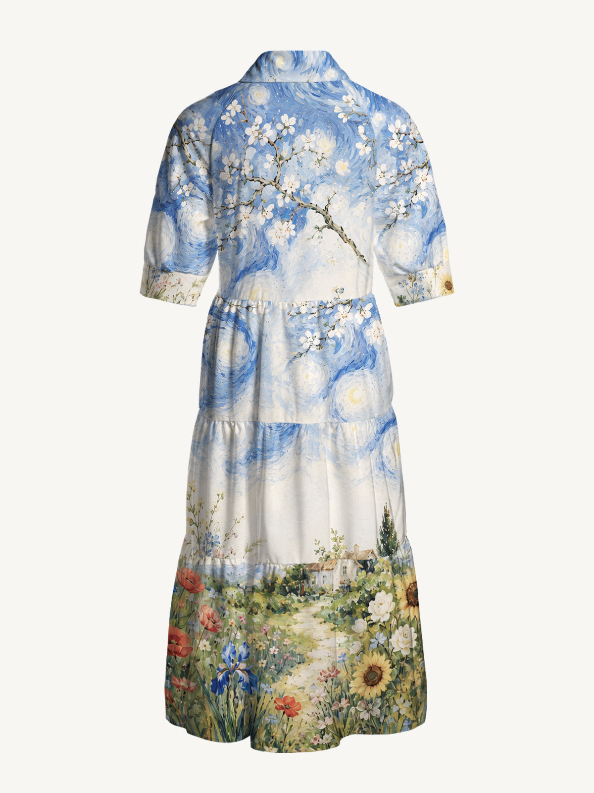 V Neck Collared Starlit Flower Pat Print Casual Midi Dress With Pockets