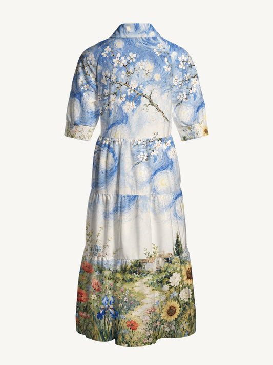 V Neck Collared Starlit Flower Pat Print Casual Midi Dress With Pockets