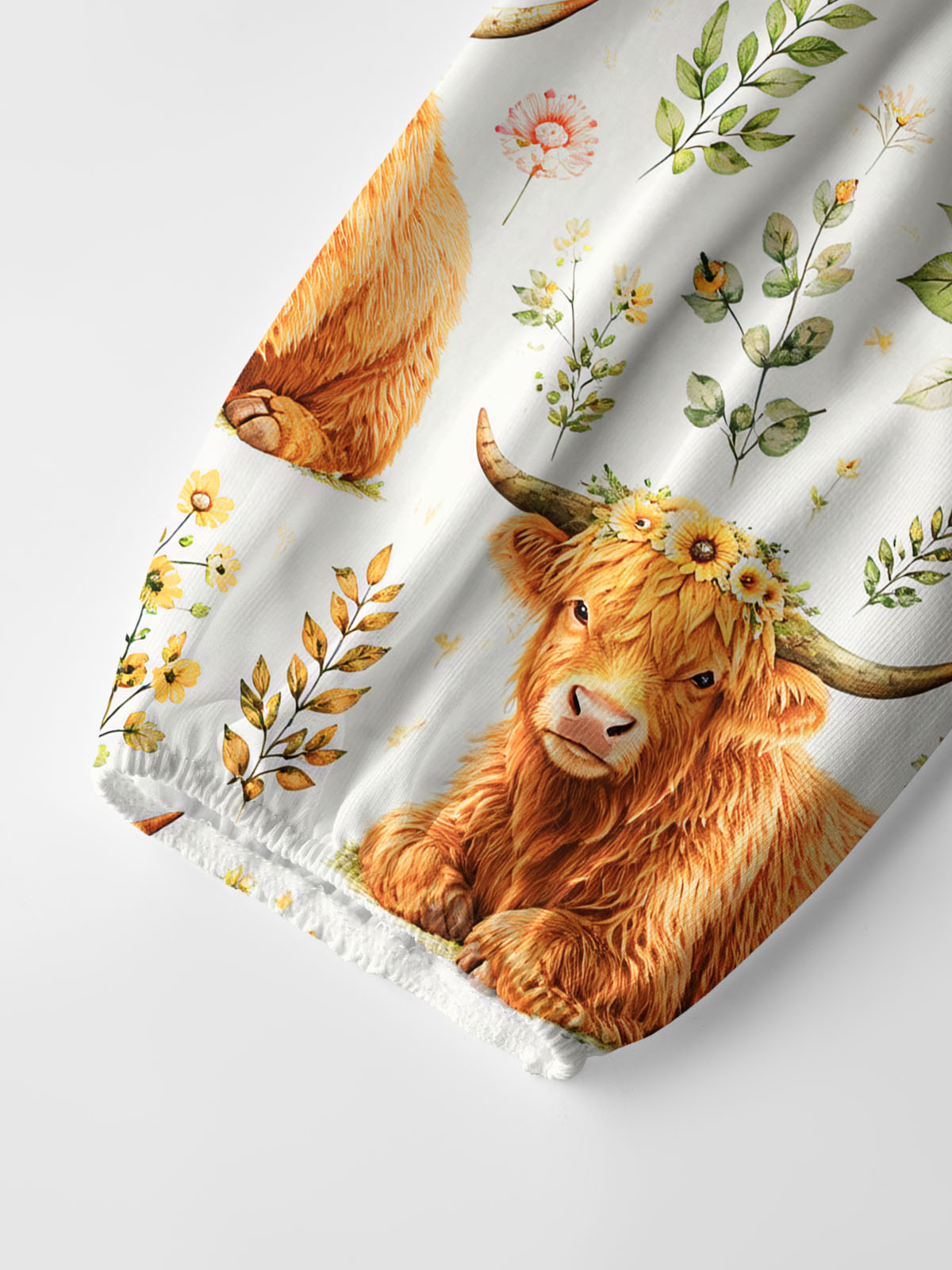 Spring Highland Cow Floral Print Boho Long Sleeve Tie‑Neck Blouse