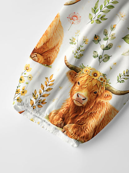 Spring Highland Cow Floral Print Boho Long Sleeve Tie‑Neck Blouse