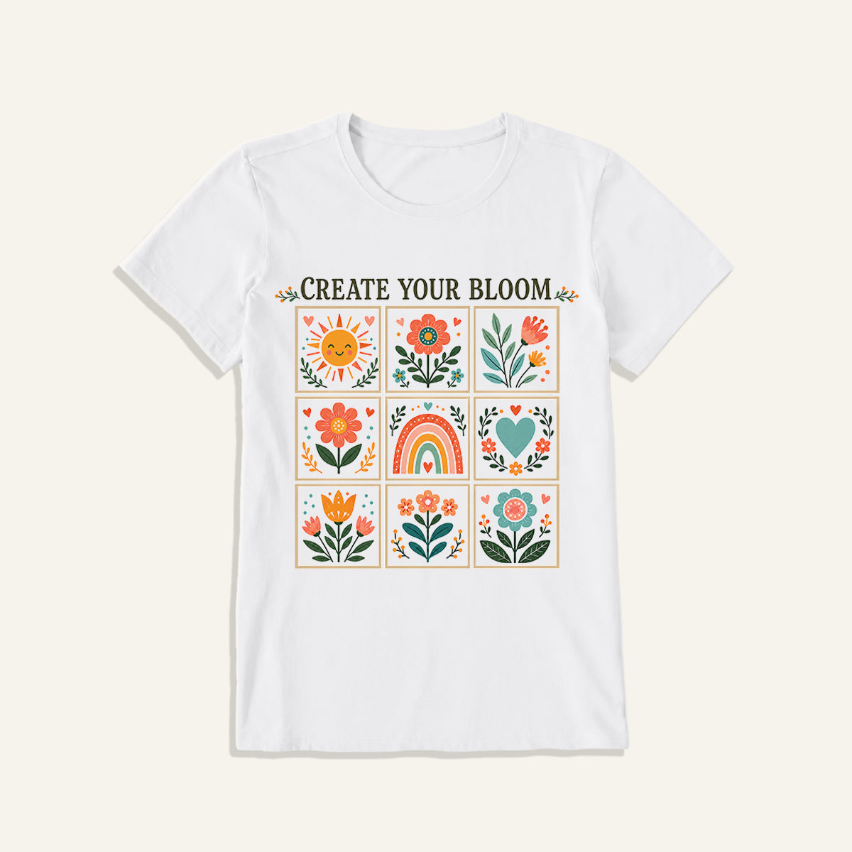 Folk Art Bloom Grid Print Crew Neck Cotton Tee
