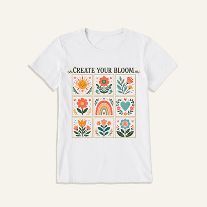 Folk Art Bloom Grid Print Crew Neck Cotton Tee