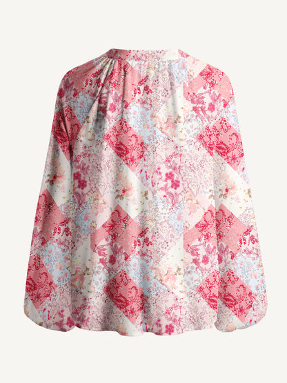 Shabby Chic Floral Patchwork Print Boho Long Sleeve Tie‑Neck Blouse