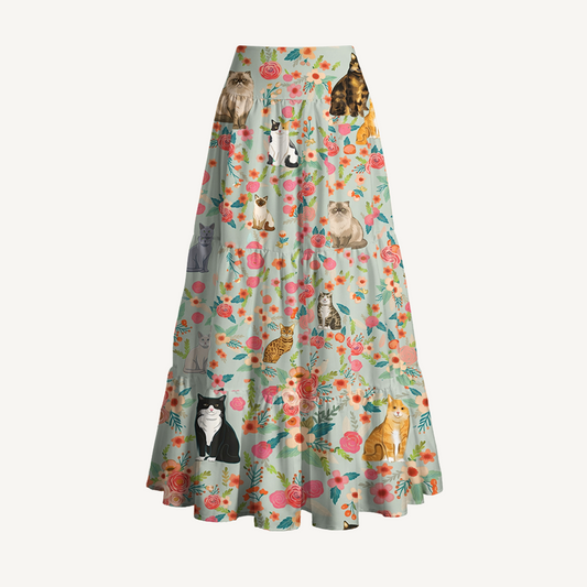 Flower Cat Print Convertible Maxi Skirt & Strapless Dress