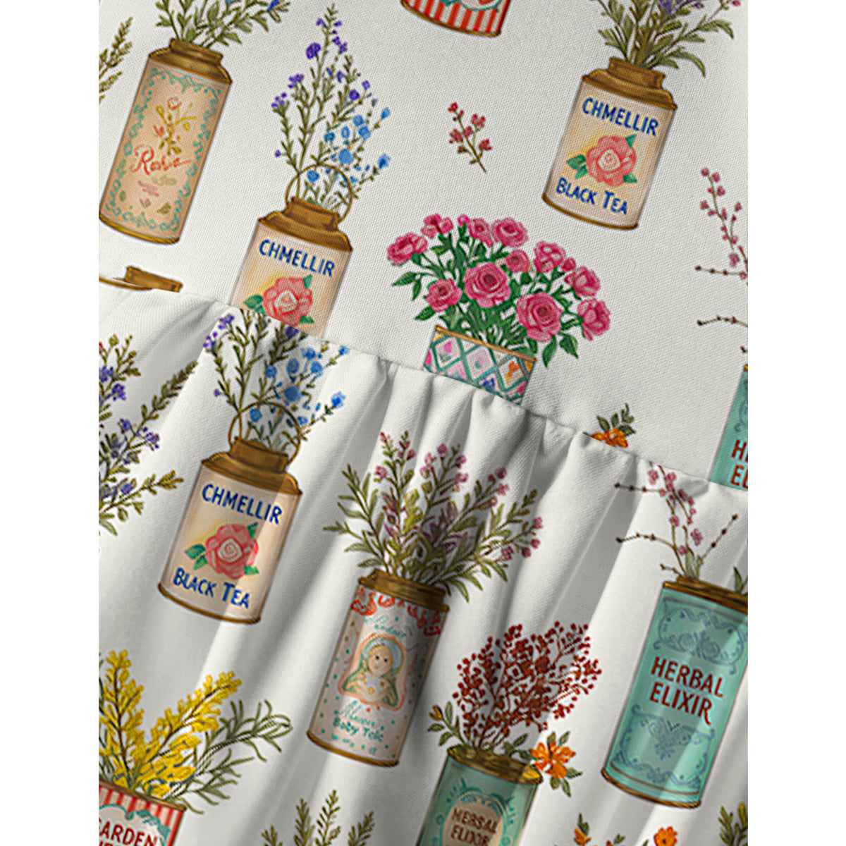 Vintage Tea Cans Print Spaghetti Strap Mini Dress