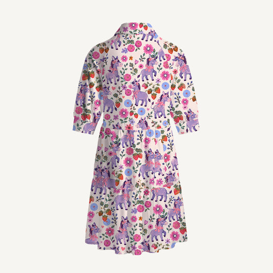 V Neck Collared Strawberry Blossom Donkeys Mini Dress For Women With Pockets