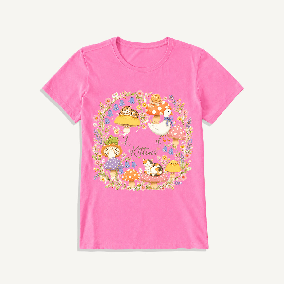 Botanical Kittens Mushroom Wreath Print Crew Neck Cotton Tee