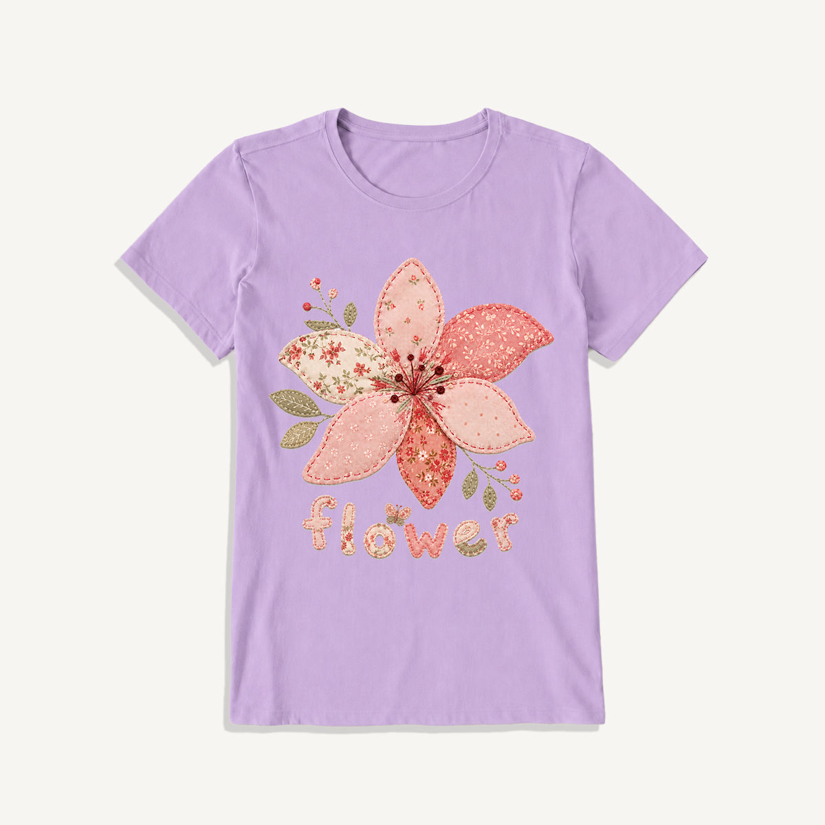 Blush Patchwork Flower Print Crew Neck Cotton Tee