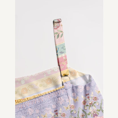 Romantic Floral Ribbon Stripes Print Wide Straps Maxi Dress With Pockets