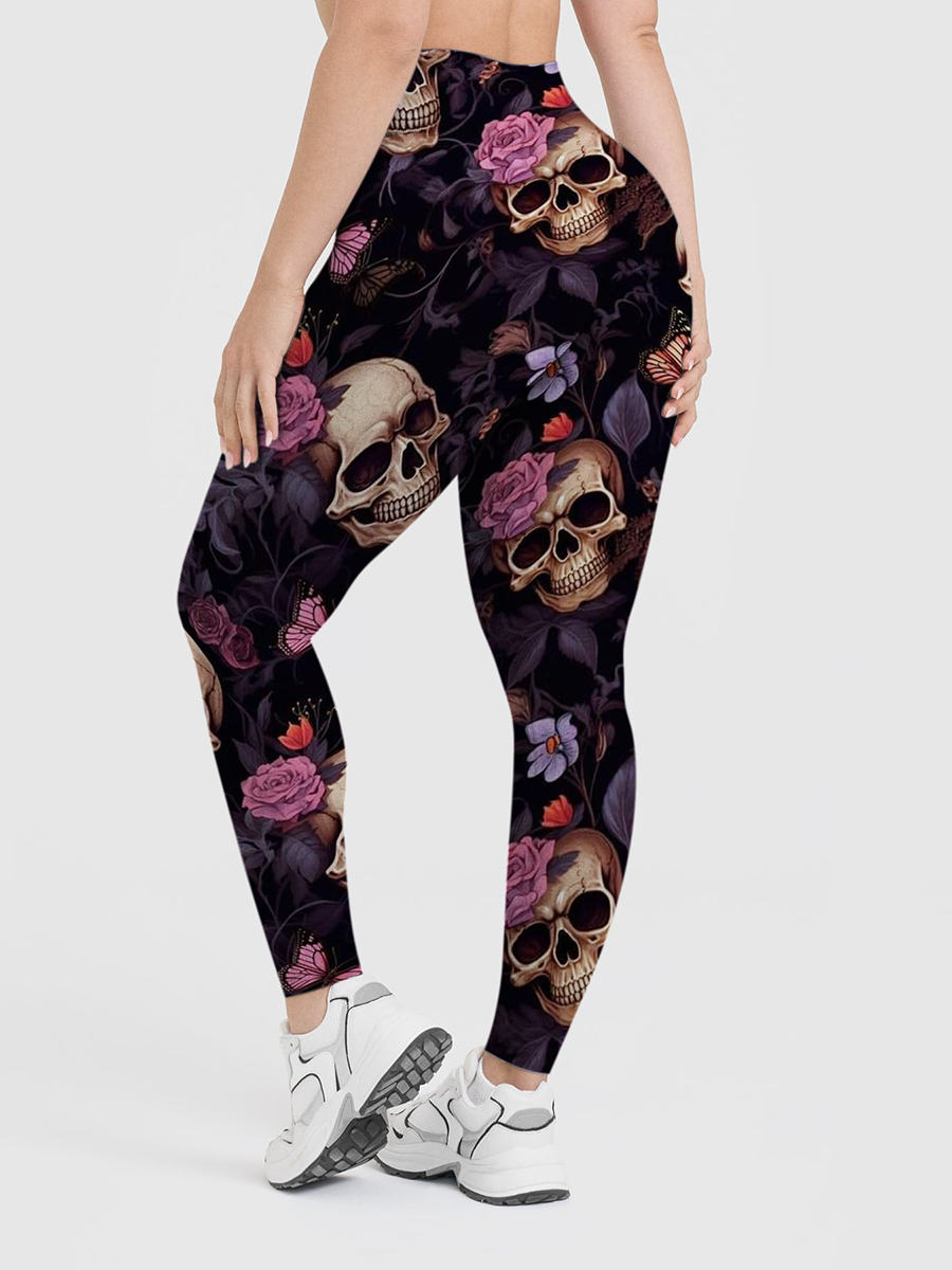 Vintage Realistic Skull Rose Butterfly Gothic Leggings