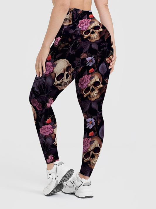 Vintage Realistic Skull Rose Butterfly Gothic Leggings