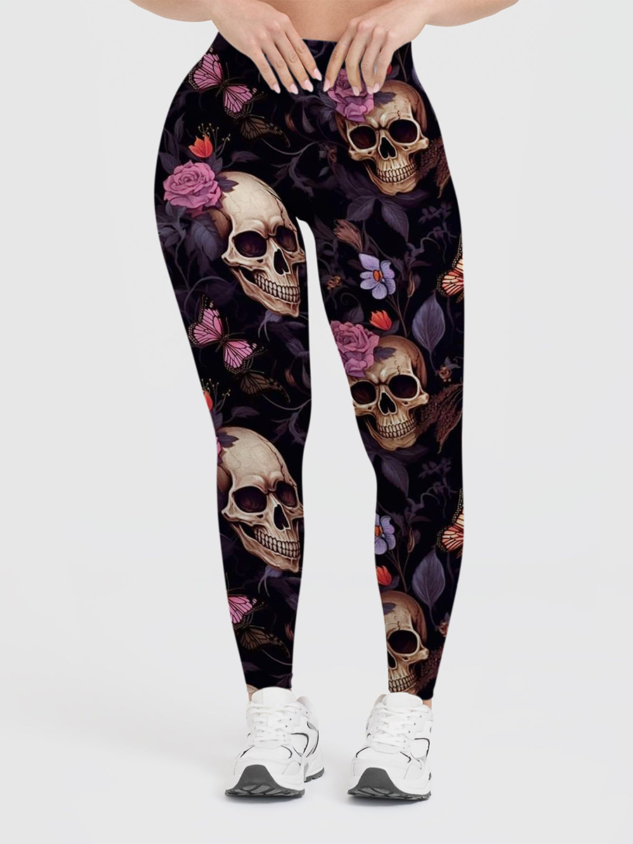 Vintage Realistic Skull Rose Butterfly Gothic Leggings