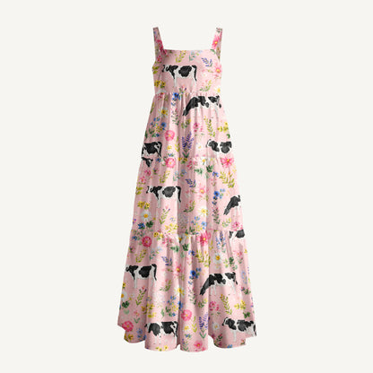 Holstein Cattle Cow Farm Animal Floral Pink Print Wide Straps Maxi Dress With Pockets