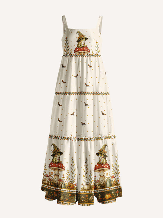Fairy Tale Mushroom Little Frog Witch Garden Print Wide Straps Maxi Dress With Pockets